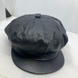Vtg 1960 fashion black leather cap hat size medium 21 3/4"